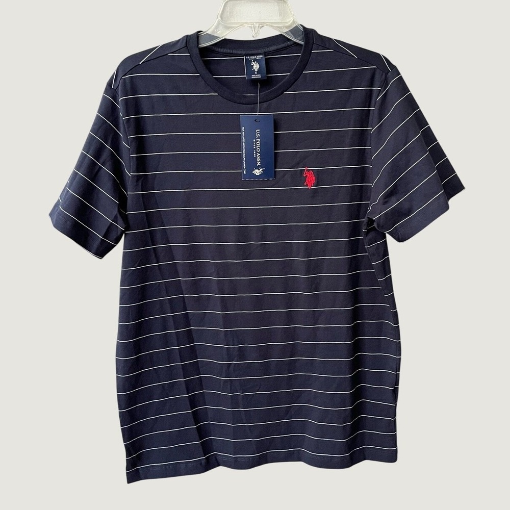 U.S. Polo Assn. Mens Black Striped Short Sleeve Crew Neck T Shirt Logo NWT